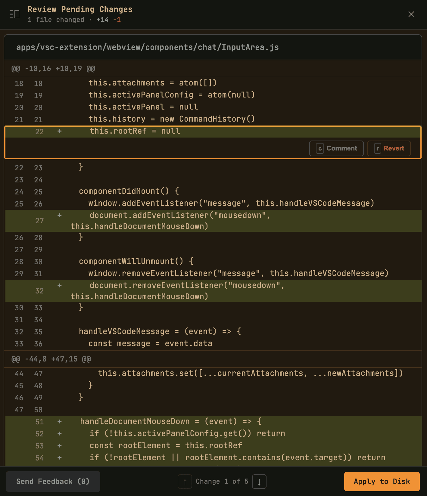 Dino diff review interface showing inline comments and accept controls