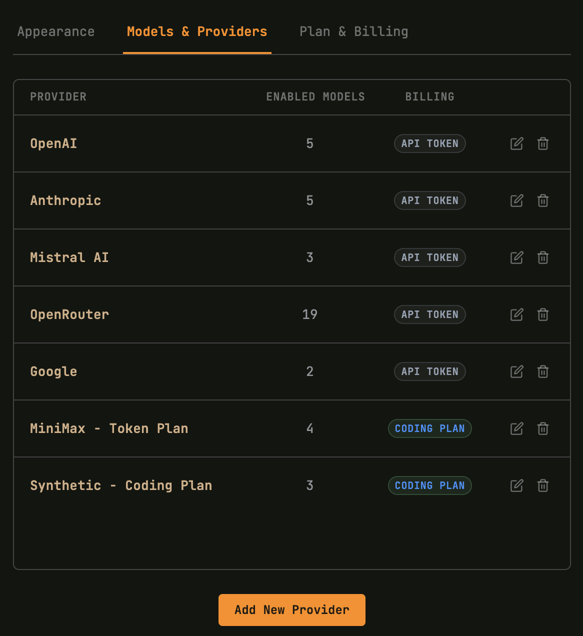 Dino provider and model selection panel