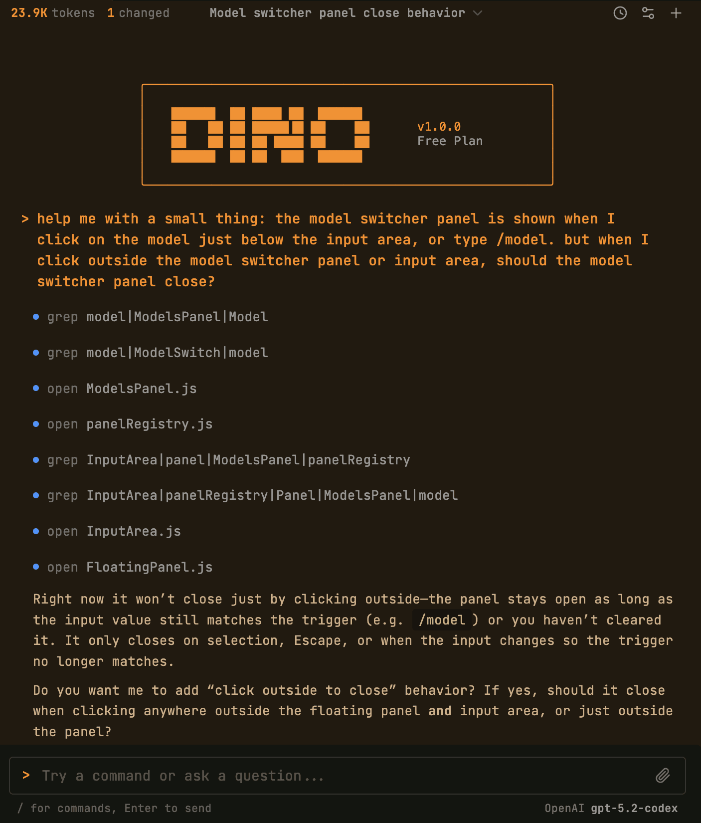 Dino completing a code change in under 30 seconds