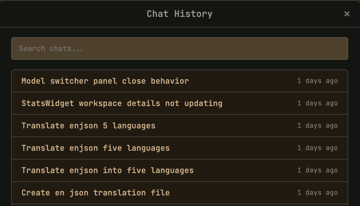 Dino chat history showing branching changesets